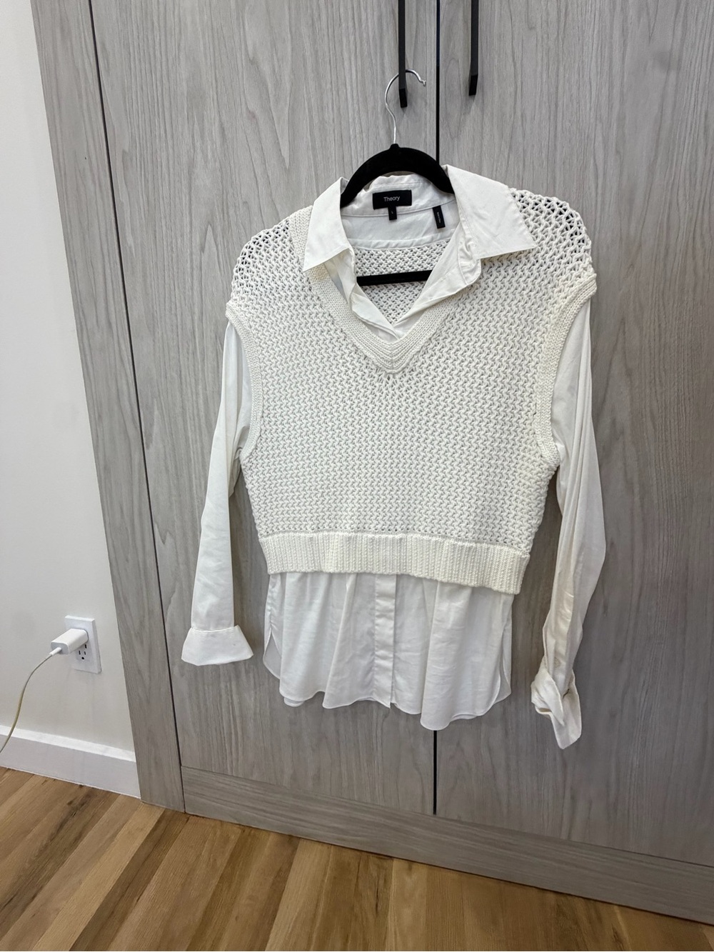 Theory Cream Knit Vest Over Cream Button-Up Shirt - Women’s Top